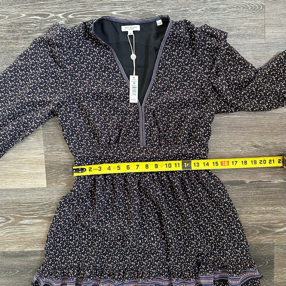 Max Studio London Black Floral Tiered Ruffle Mini Dress V-Neck Long Sleeve M - Picture 5 of 8